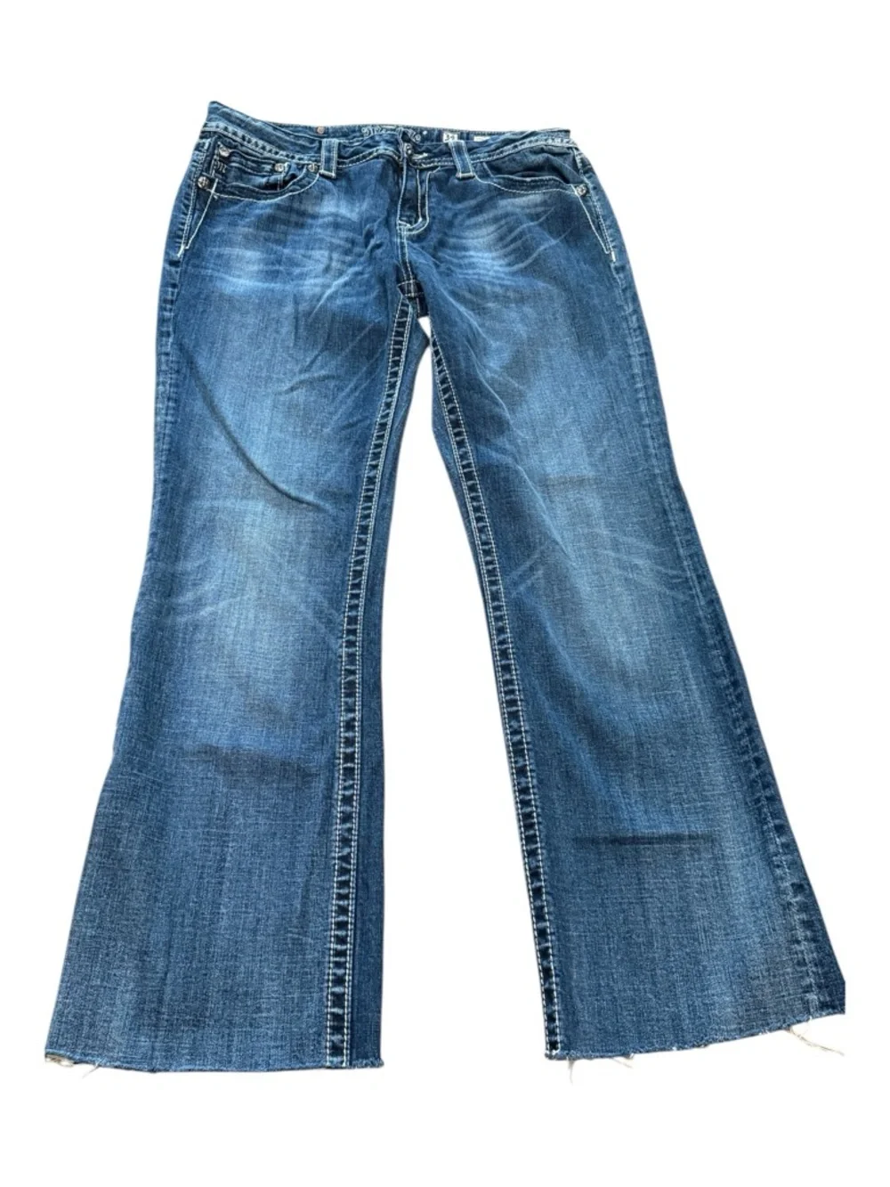 Miss Me Blue Stretch Denim Bootcut Jeans with Silver Embroidered Wing Pockets 34 - Picture 2 of 16